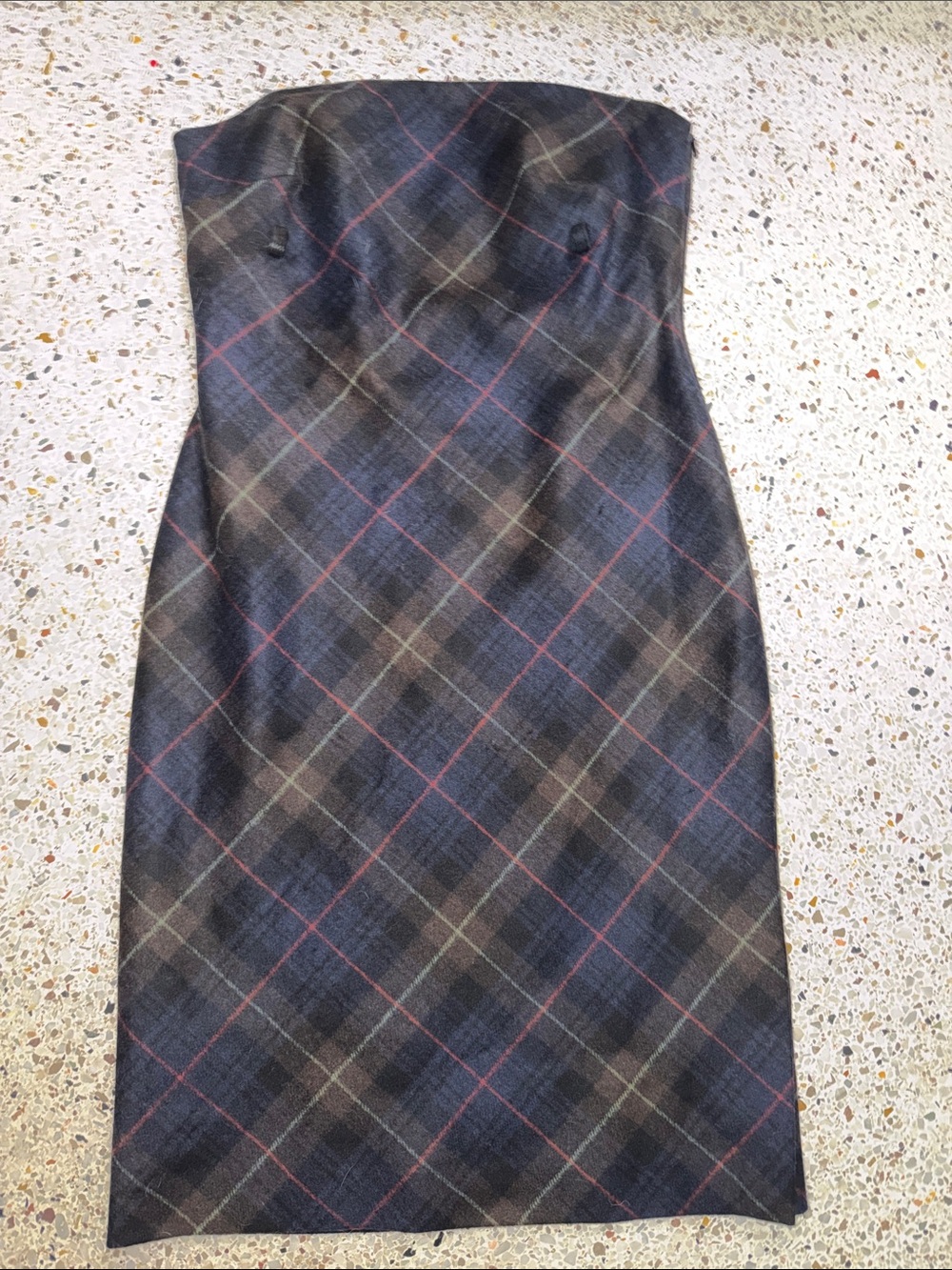 NWT green navy wool blend tartan plaid dress strapless 6 Worth